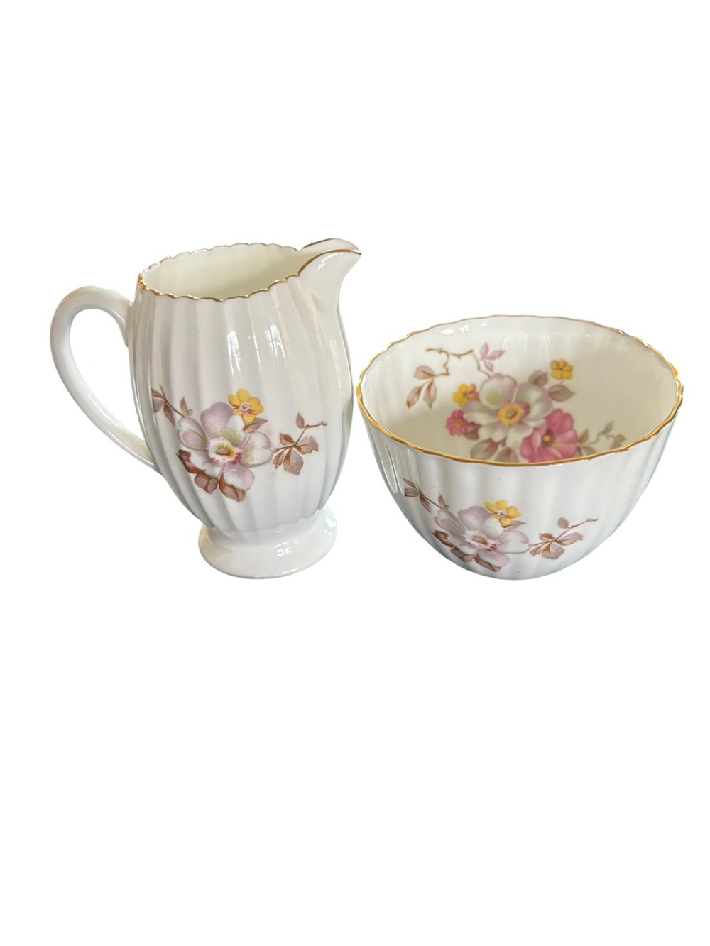 Radfords Bone China Floral Creamer & Sugar Bowl Set White Purple Tan England